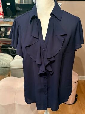 New York & Company Navy Short Sleeve Button Up Ruffle Blouse Size M